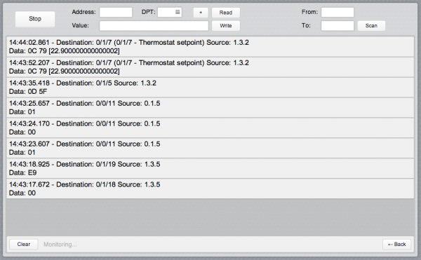 Frames listed in the KNX bus monitor.