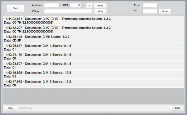 Frames listed in the KNX bus monitor.